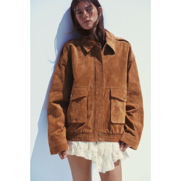 ZARA 100% SUEDE LEATHER BOMBER JACKET WITH POCKETS - Picture 3 of 9